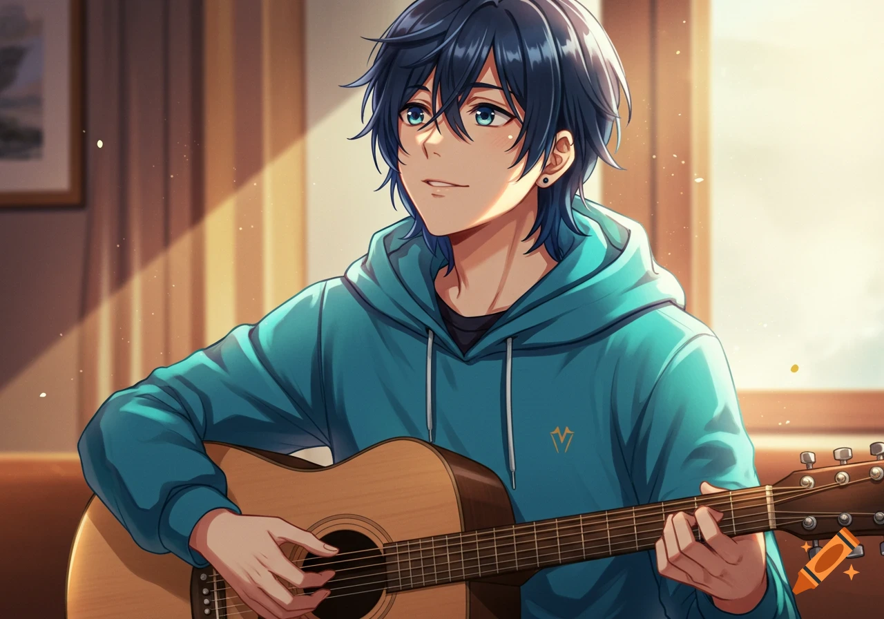 Anime portrait of a young man with blue hair playing an acoustic guitar.