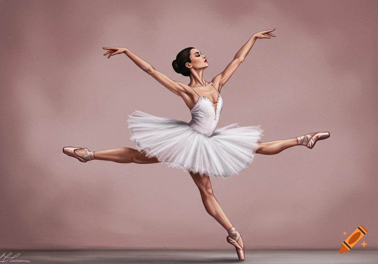 Painting of a ballerina in a white tutu doing a split leap.