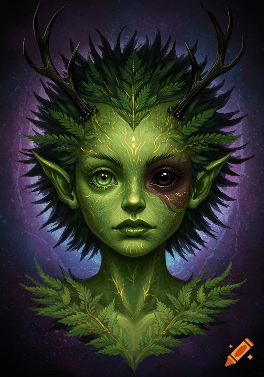 A fantasy creature with green, fern-like skin, antlers, and mismatched eyes.