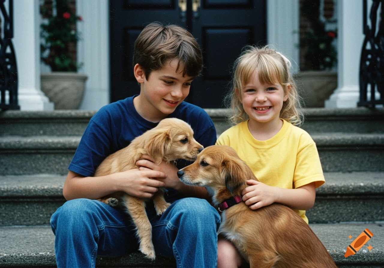1990s photo of a boy holding a puppy and a girl smiling next to a dog on steps.