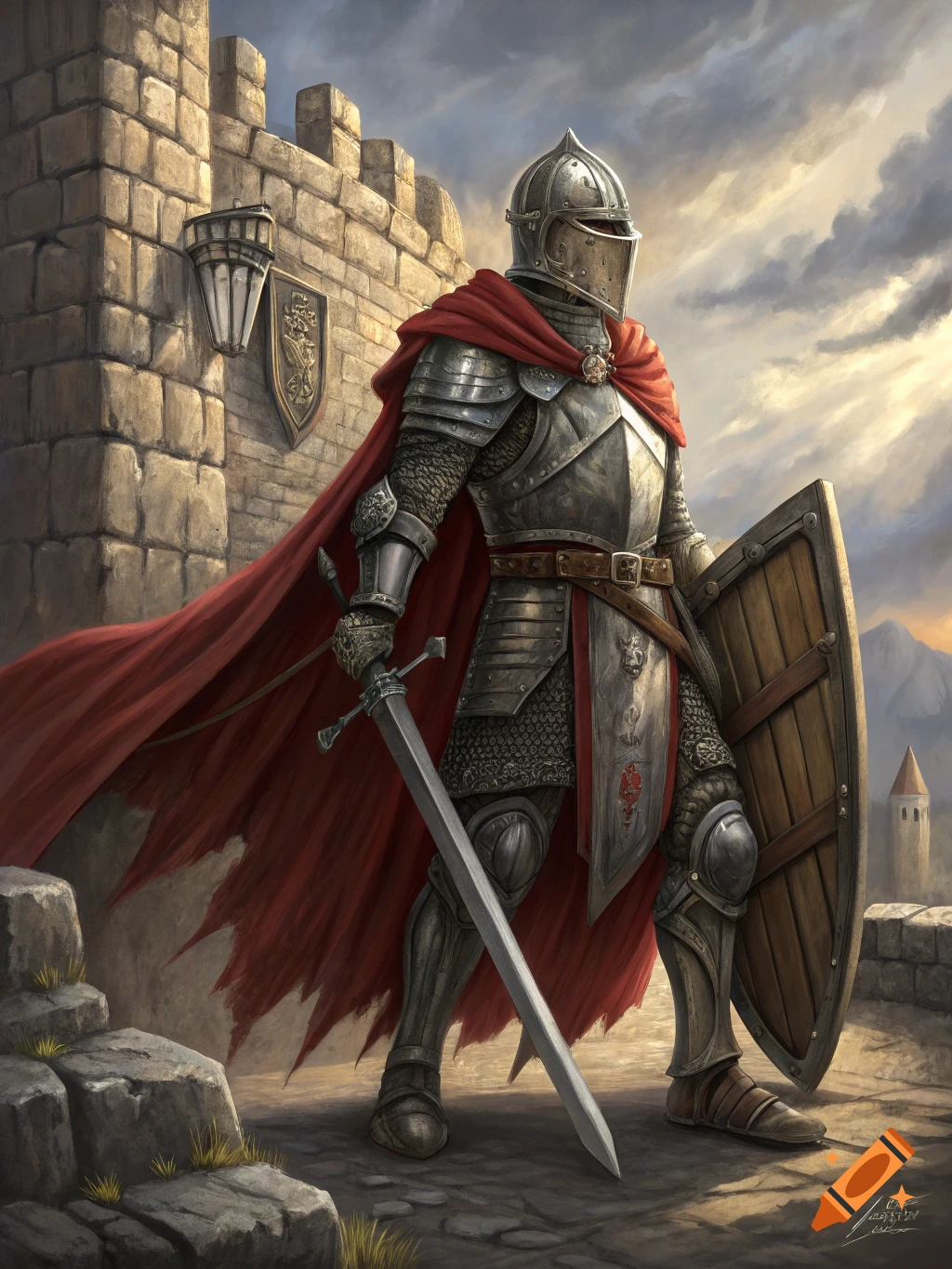 A knight in full plate armor with a red cape stands with a sword and shield in front of a castle wall.