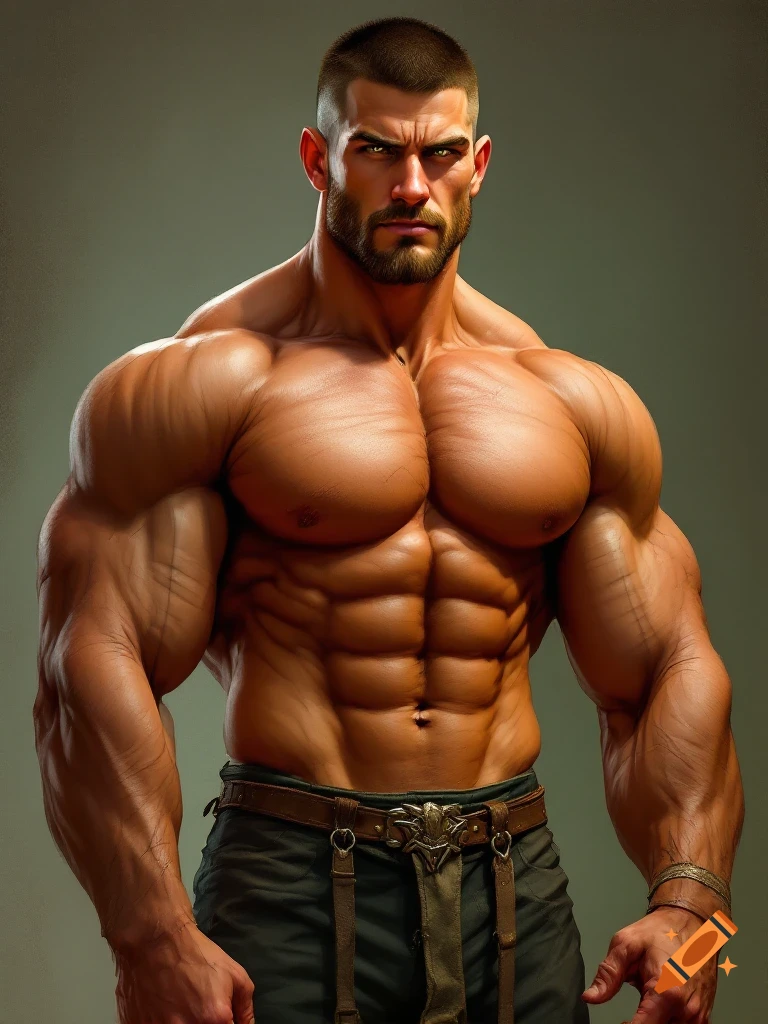 A very muscular man with a buzz cut and beard.