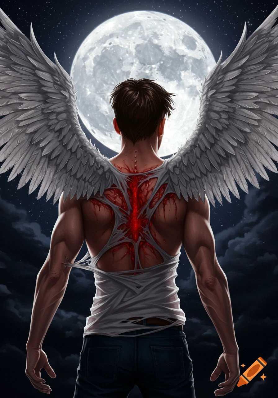 A man with large white wings tearing from his back stands under a full moon in a dramatic fantasy style.