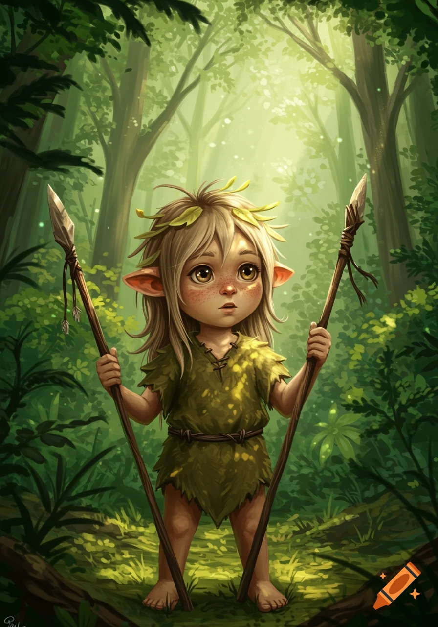 A cute fantasy child with leaves in their hair, holding spears in a sun-dappled forest.