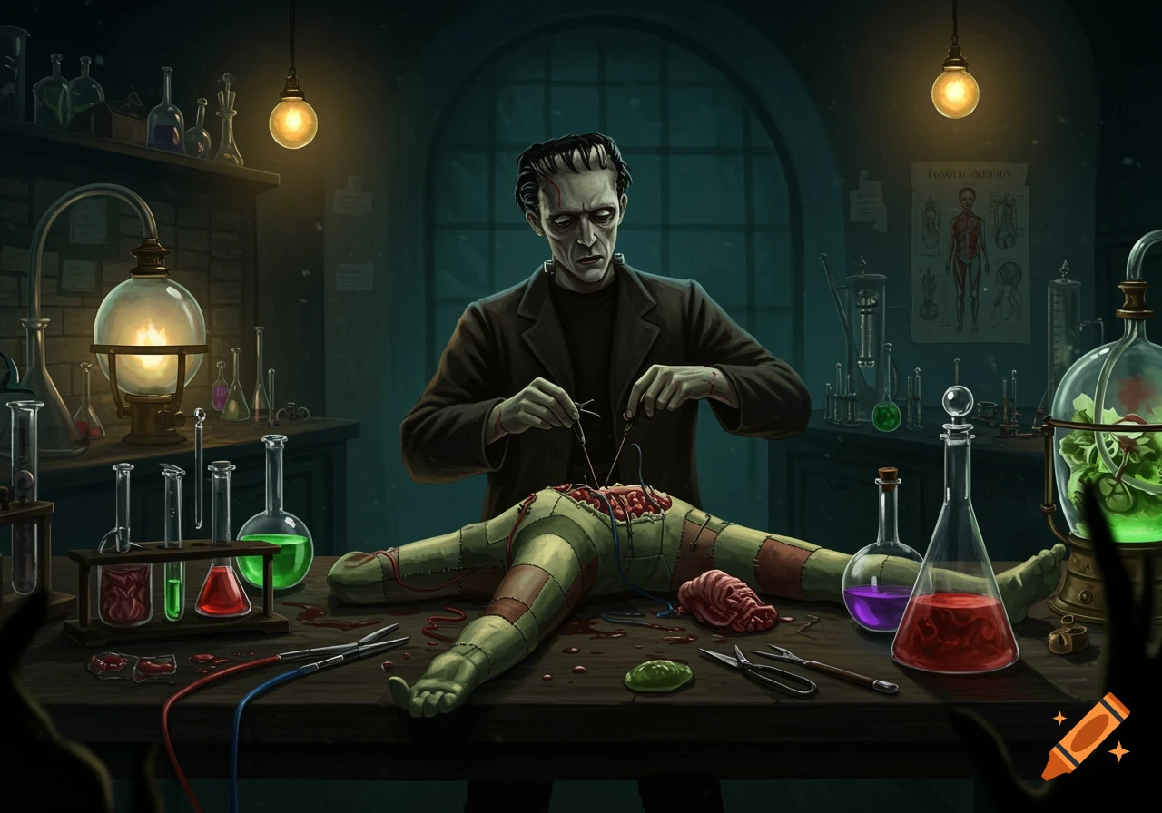 Victor Frankenstein in a gothic laboratory assembling a creature.