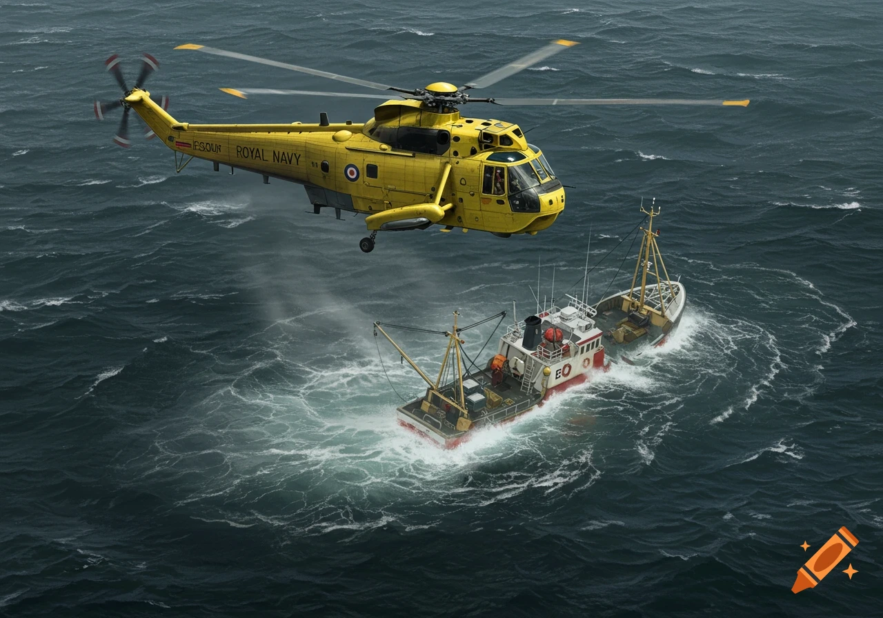 A yellow Royal Navy helicopter hovers over a fishing trawler in rough seas.