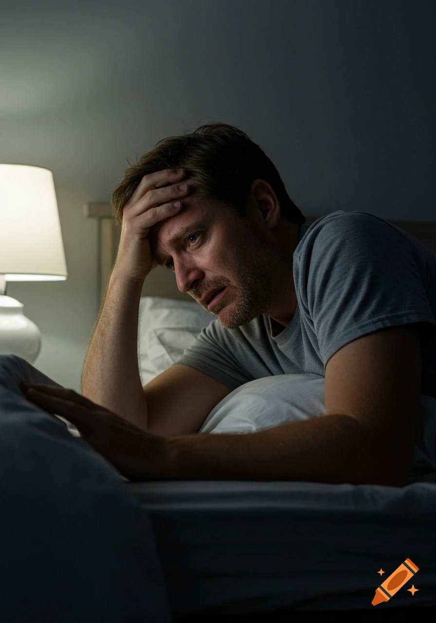 Man in bed in low light, looking distressed with hand on head.