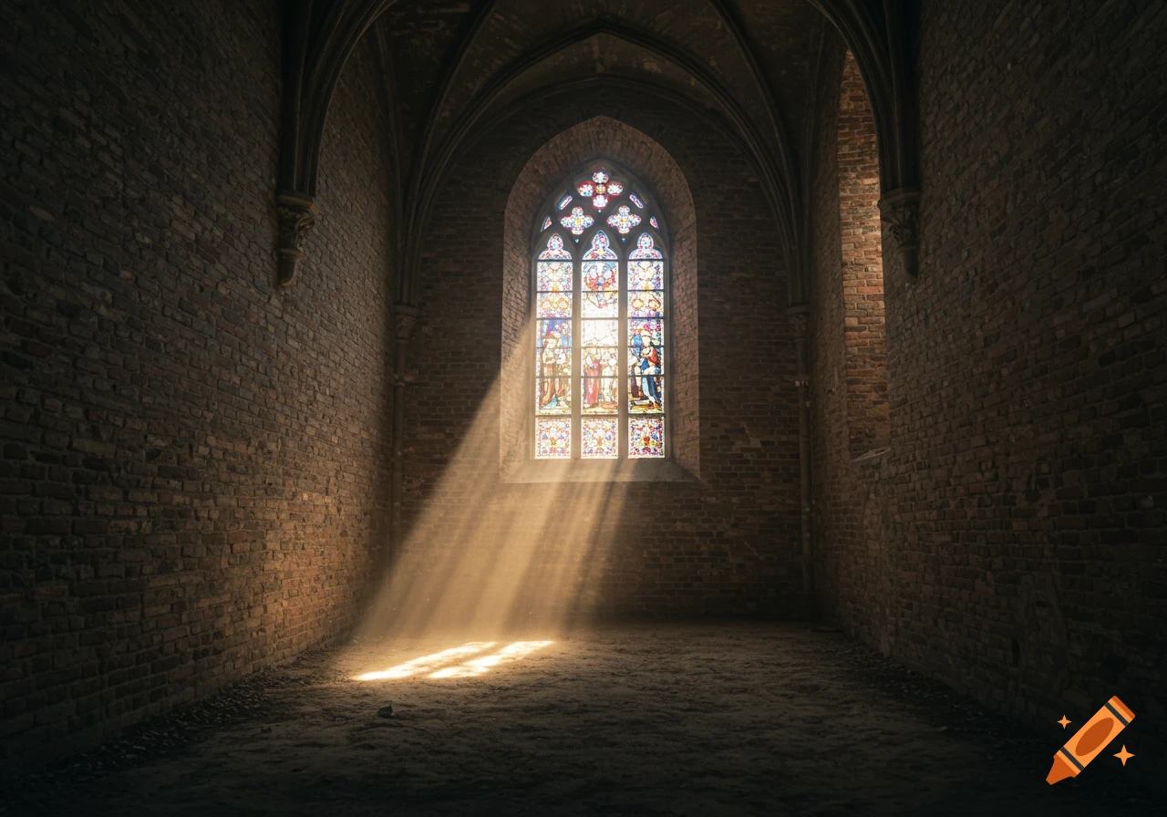Sunlight streams through a large stained glass window into an empty brick church interior.