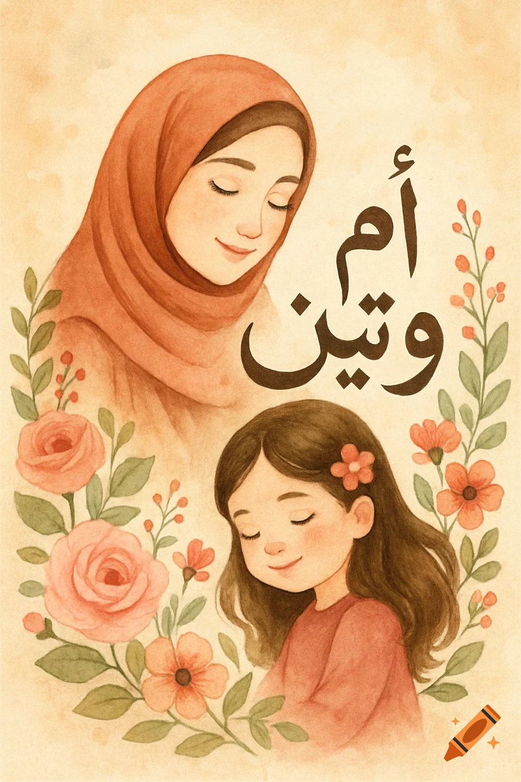 Watercolor illustration of a woman in hijab and a girl smiling with closed eyes, surrounded by flowers and Arabic text.