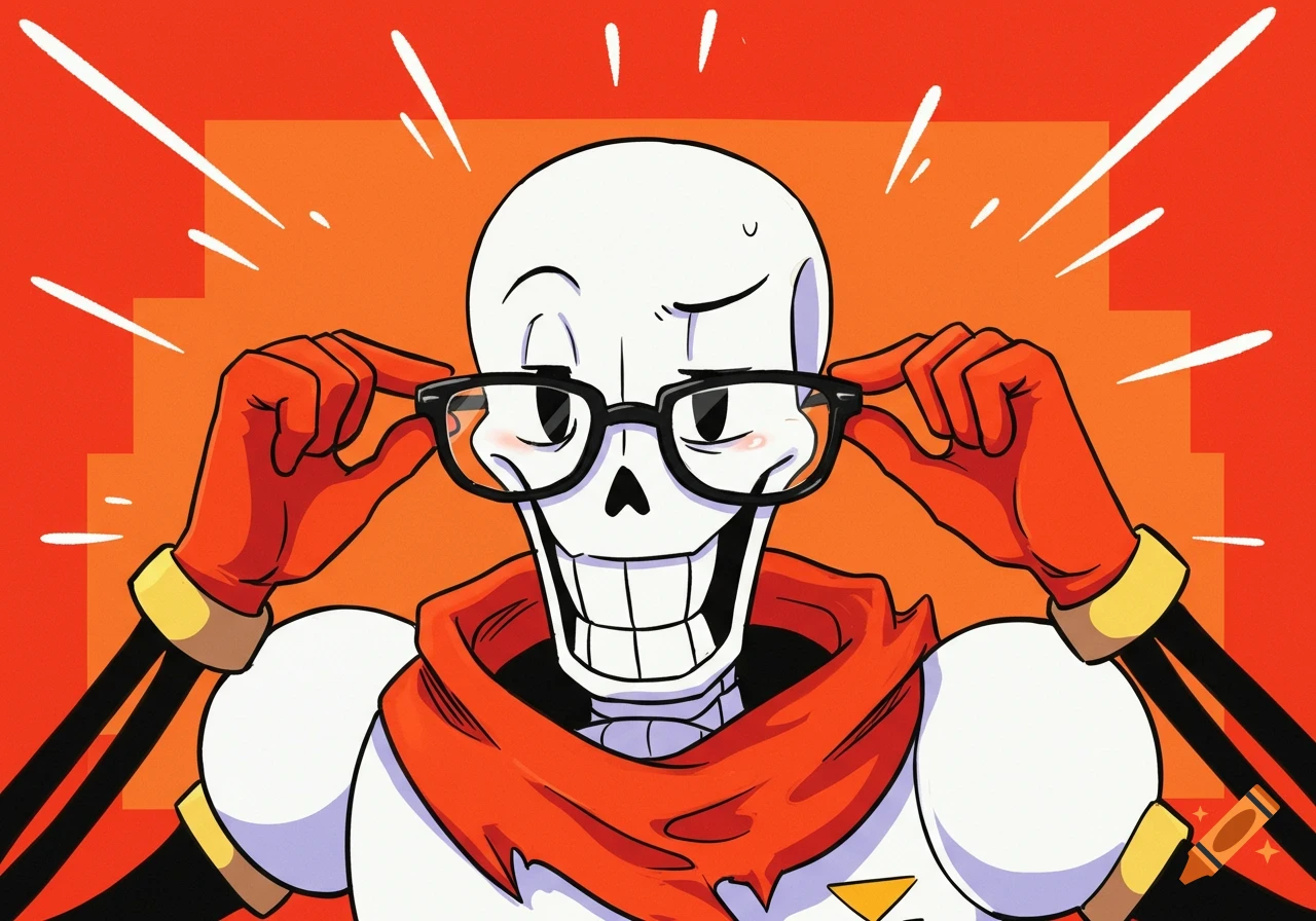 A skeleton character with a red scarf and orange gloves putting on glasses.