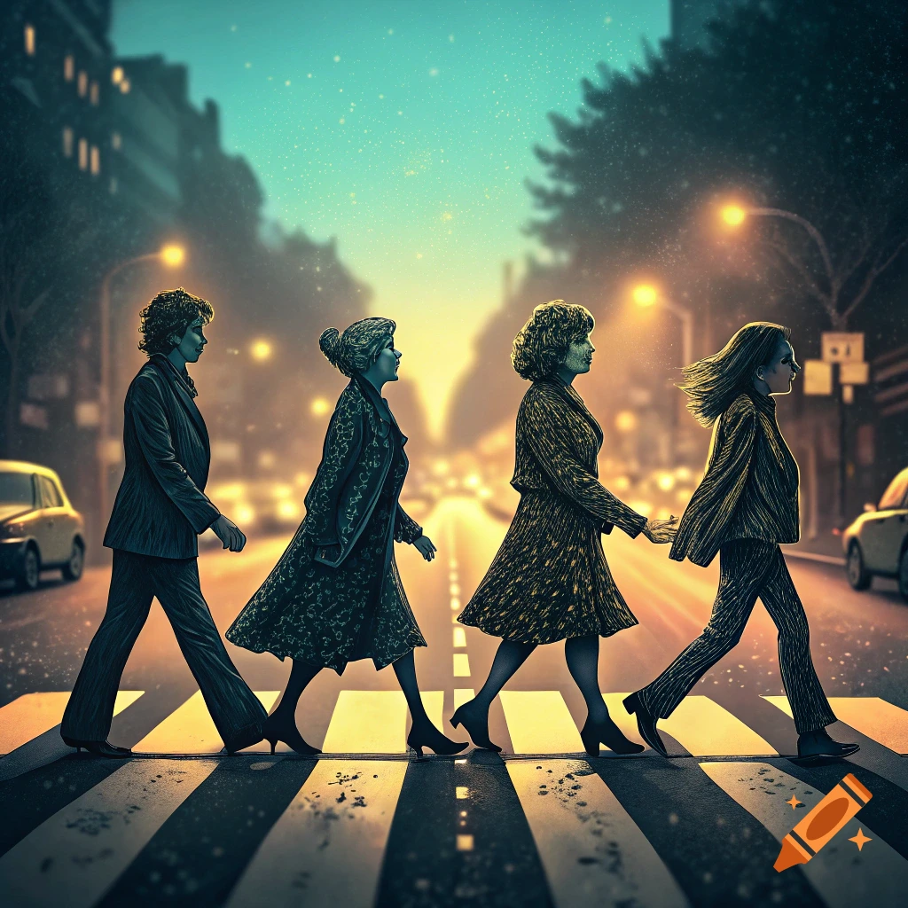 Four women in silhouette cross a misty city street at dusk, mimicking the Abbey Road album cover.