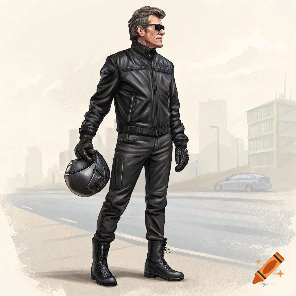 A man resembling Pierce Brosnan stands on a street holding a motorcycle helmet, dressed in black leather gear. Illustrated style.