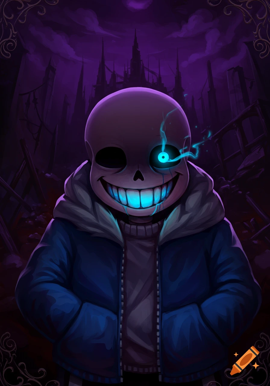 Sans with glowing blue eyes and mouth in a dark, ruined city background.