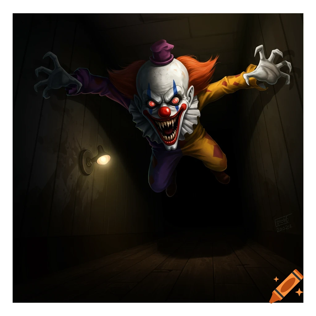 A scary clown with sharp teeth lunging forward in a dark room.