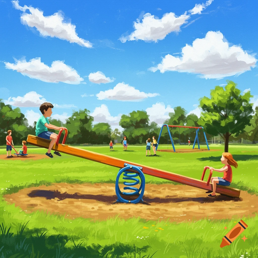 Children play on a seesaw in a sunny park.