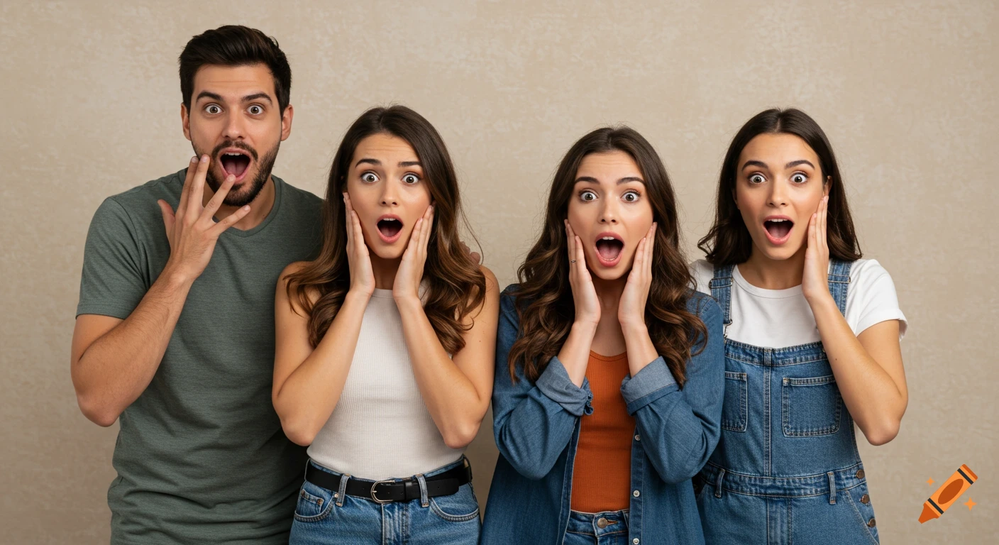 Four people looking surprised against a beige background.