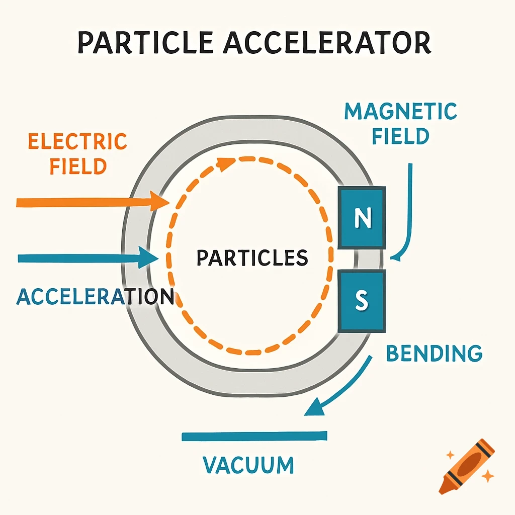 Diagram of a particle accelerator showing electric and magnetic fields accelerating and bending particles.
