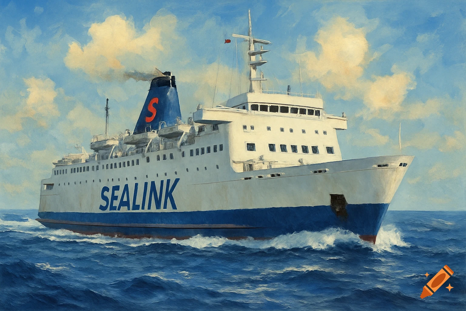 A white and blue Sealink ferry sailing on the sea.