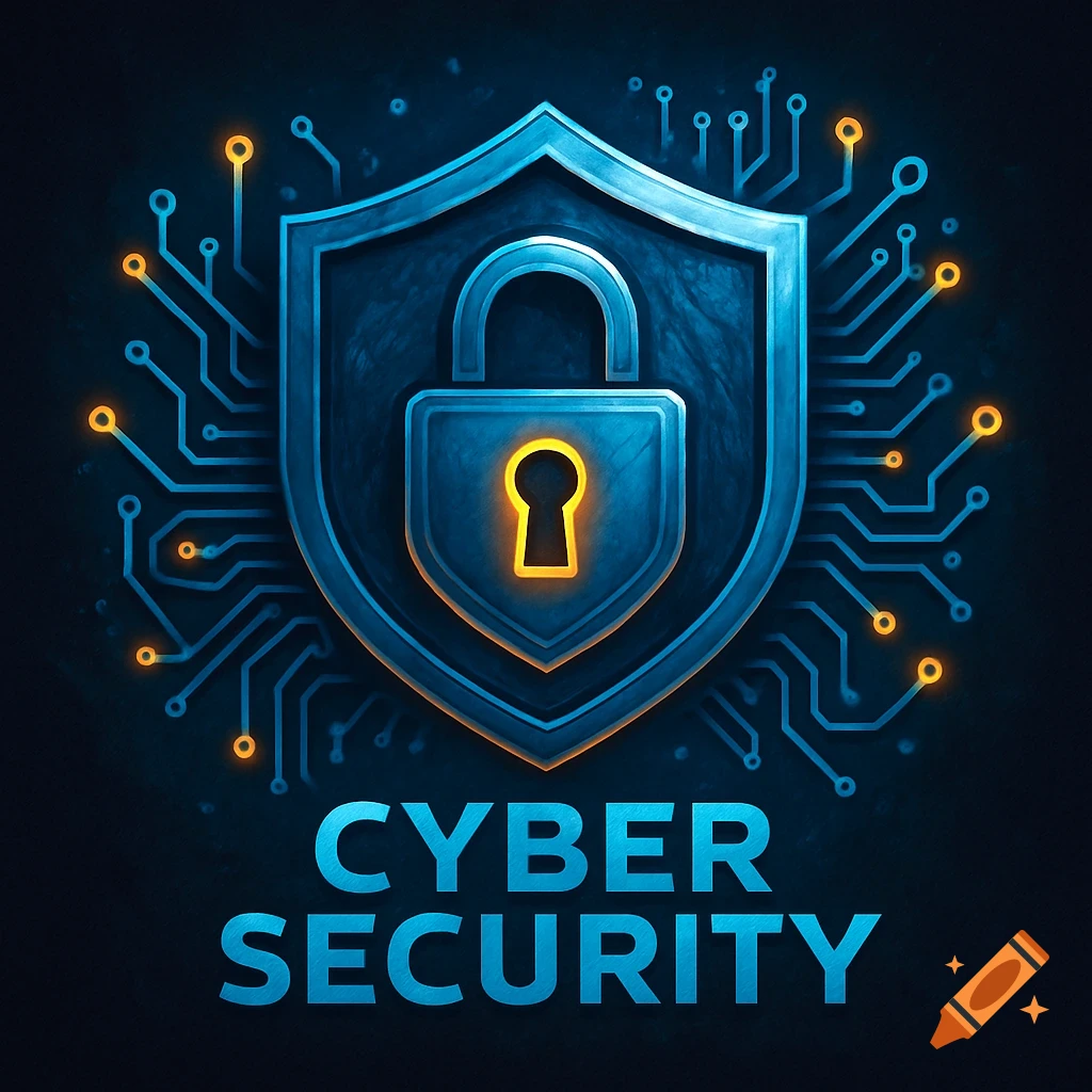 A blue and yellow shield with a lock symbol is displayed on a circuit board background. Below the shield, the words CYBER SECURITY are prominently featured.