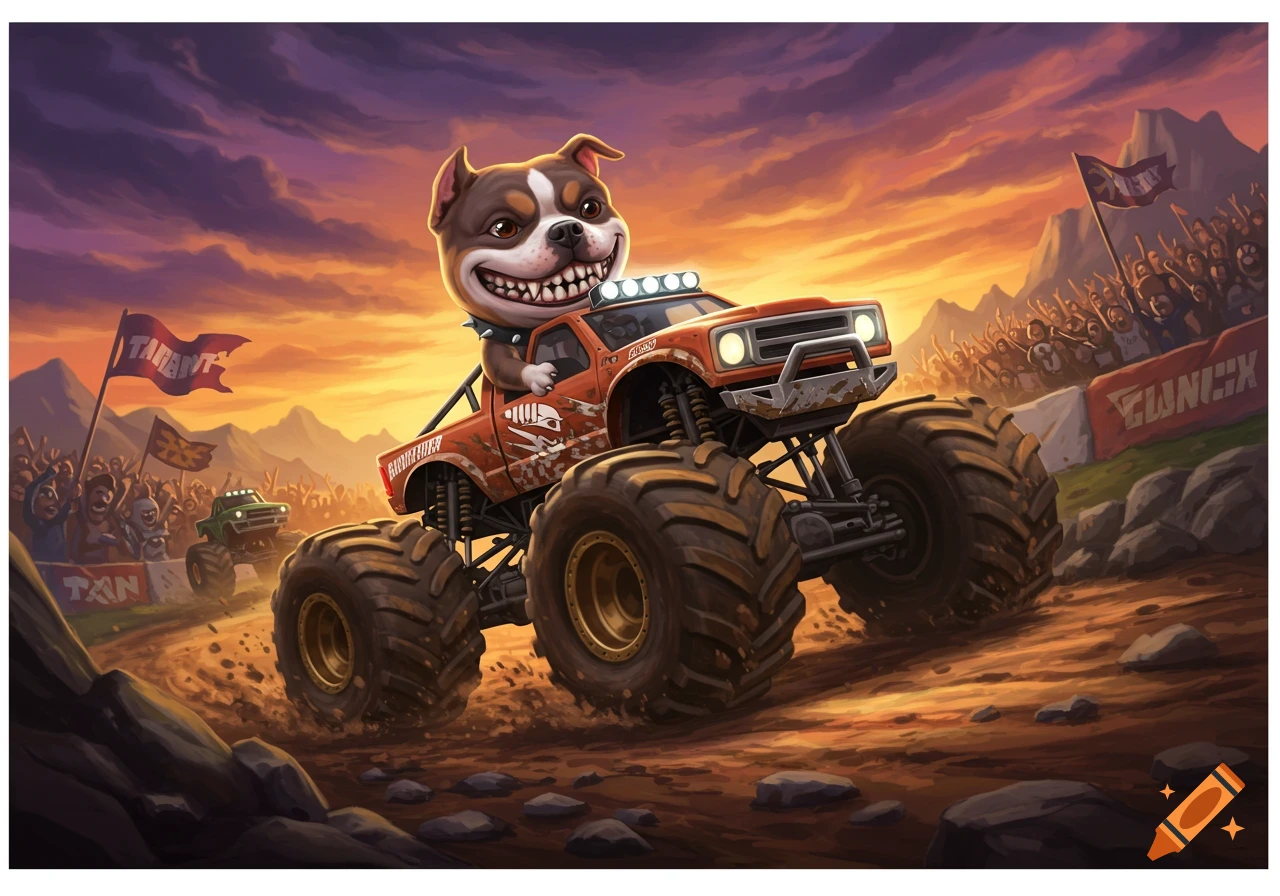 A cartoon pitbull is driving a monster truck in a rally.