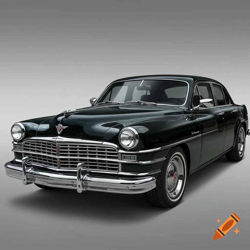 A dark vintage-style car on a grey background.