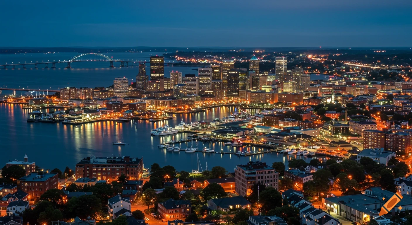 Night view of a city skyline and harbor with illuminated buildings and boats.