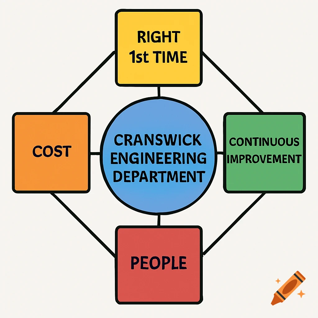A colorful diagram showing 'CRANSWICK ENGINEERING DEPARTMENT' in the center circle connected to squares labeled 'COST', 'RIGHT 1st TIME', 'CONTINUOUS IMPROVEMENT', and 'PEOPLE'.