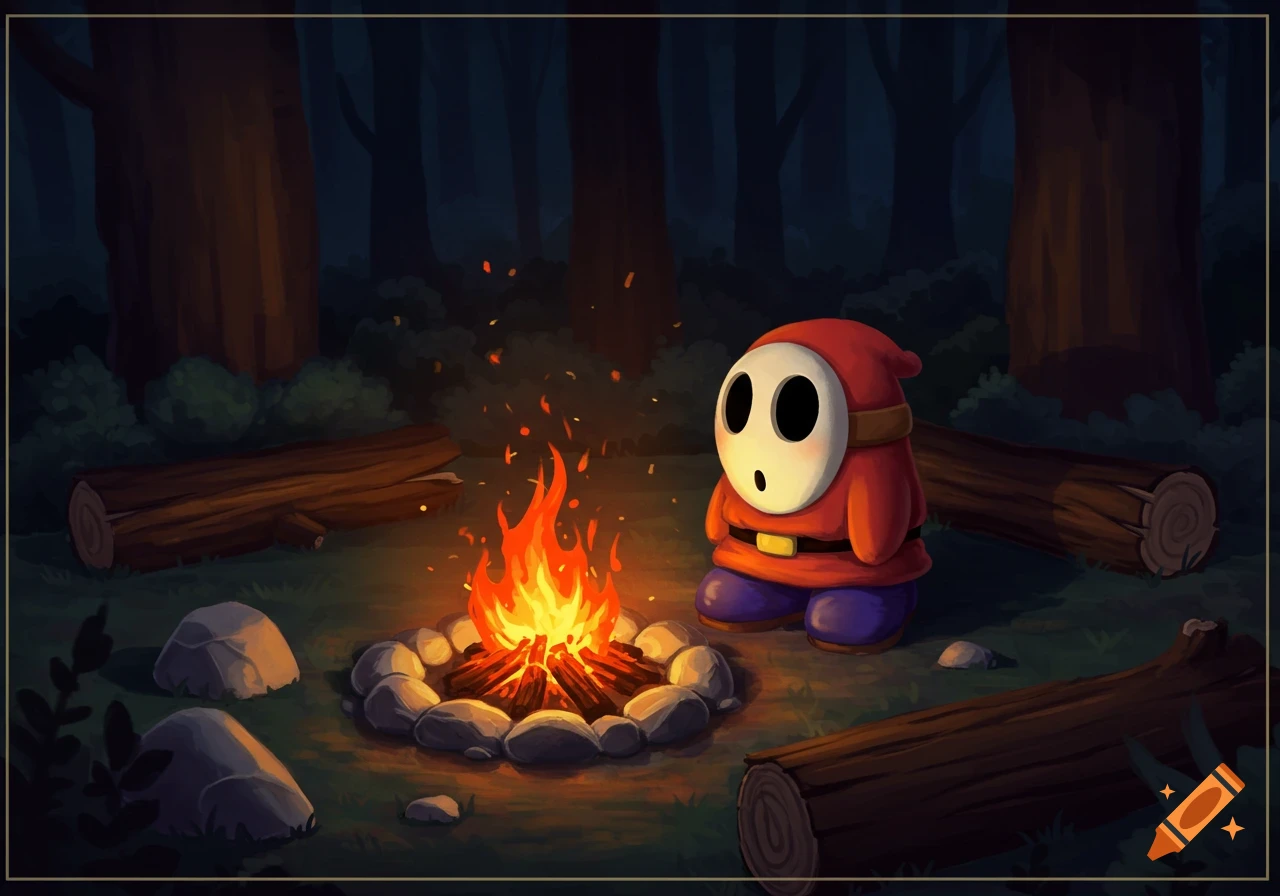 Shy Guy sits by a campfire in a dark forest.