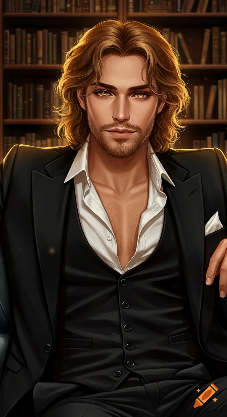 A man in a suit lounging in a library