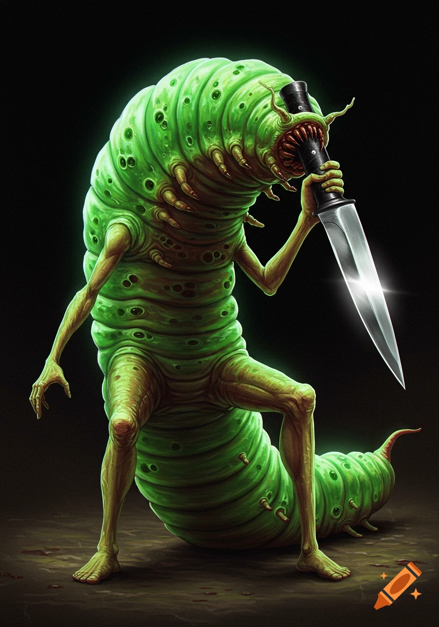 A large green worm creature with arms and legs is holding a knife and wearing a hat.