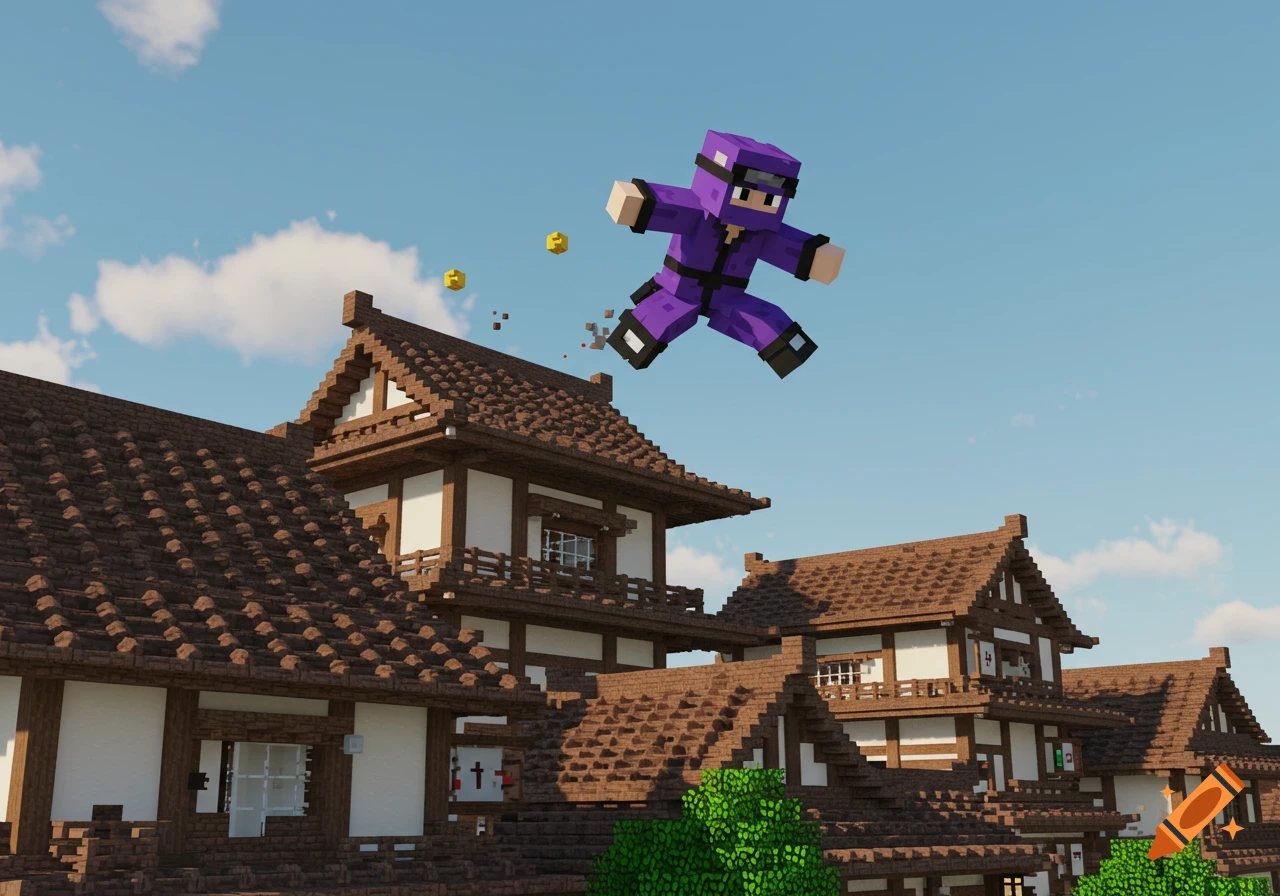 A purple Minecraft character jumps over blocky Japanese-style houses.
