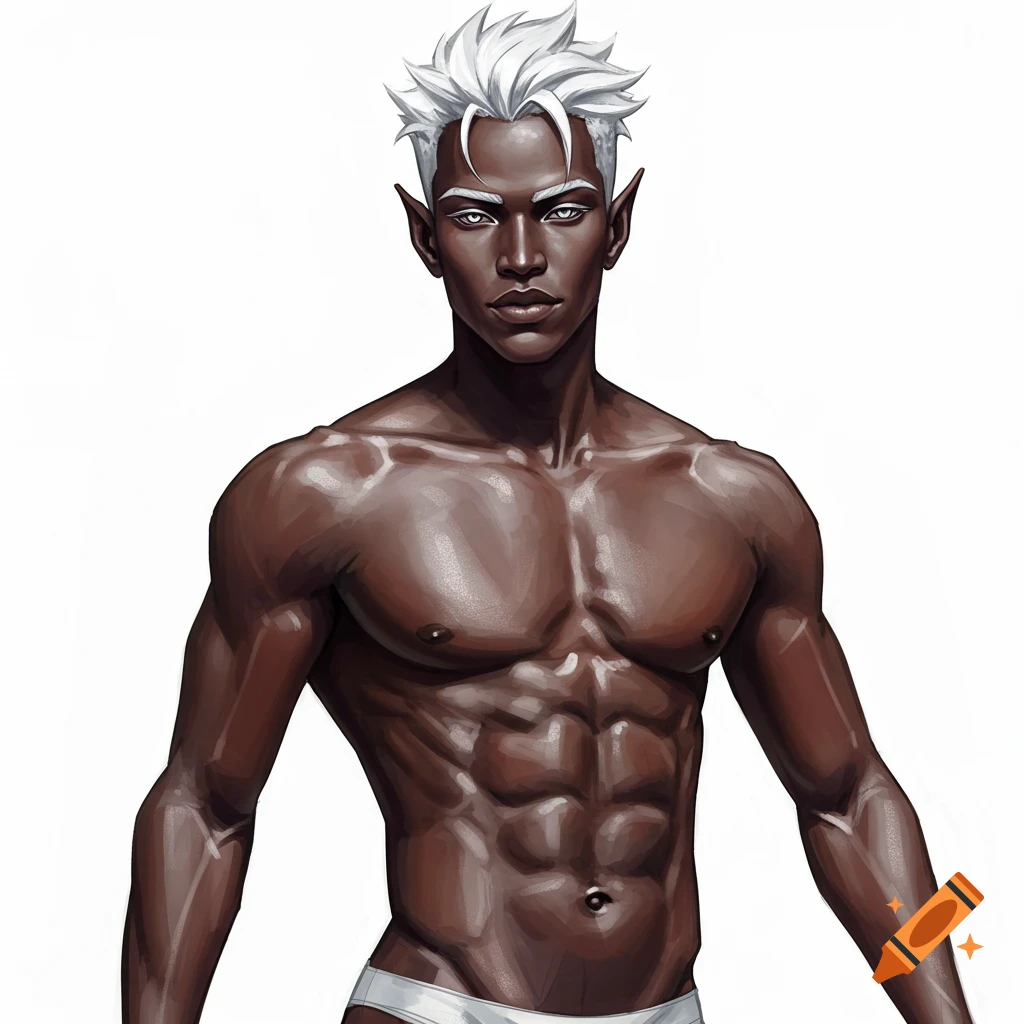 A dark-skinned male character with white hair and pointed ears, muscular torso, and white underwear.