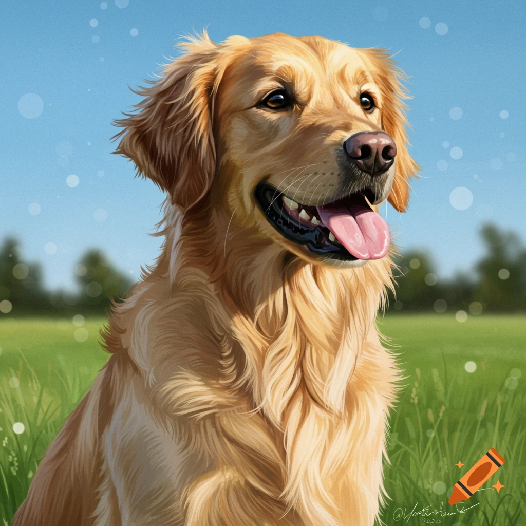 A golden retriever dog sits in a grassy field under a blue sky
