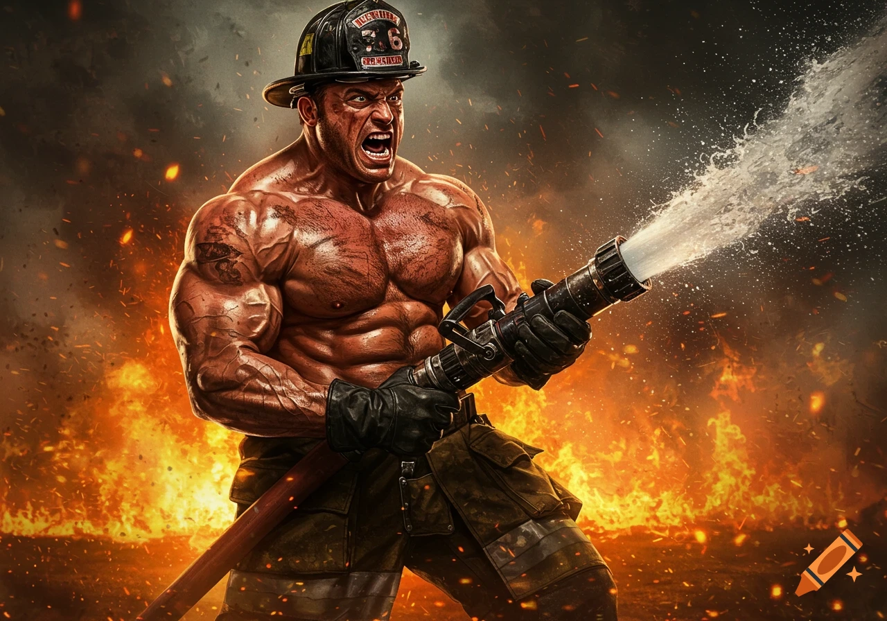 A muscular firefighter spraying water from a hose amidst flames and smoke.