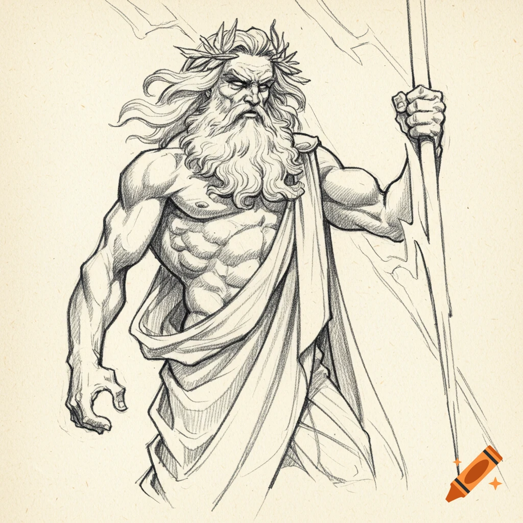 Pencil sketch of a muscular man with a beard, toga, and wreath holding a lightning bolt staff, resembling Zeus.
