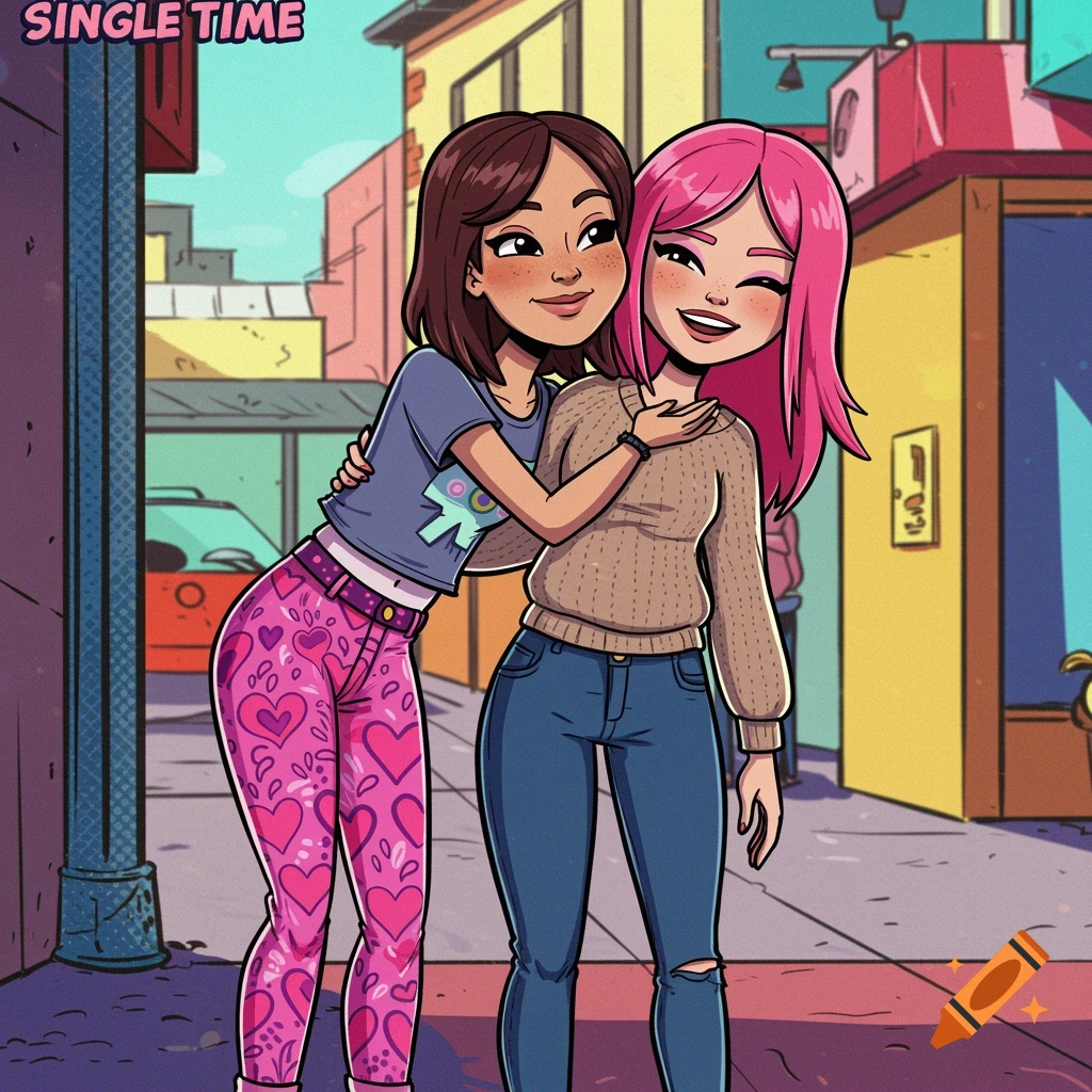 Cartoon image of two young women hugging on a street. One has pink hair, the other brown. Text says SINGLE TIME.