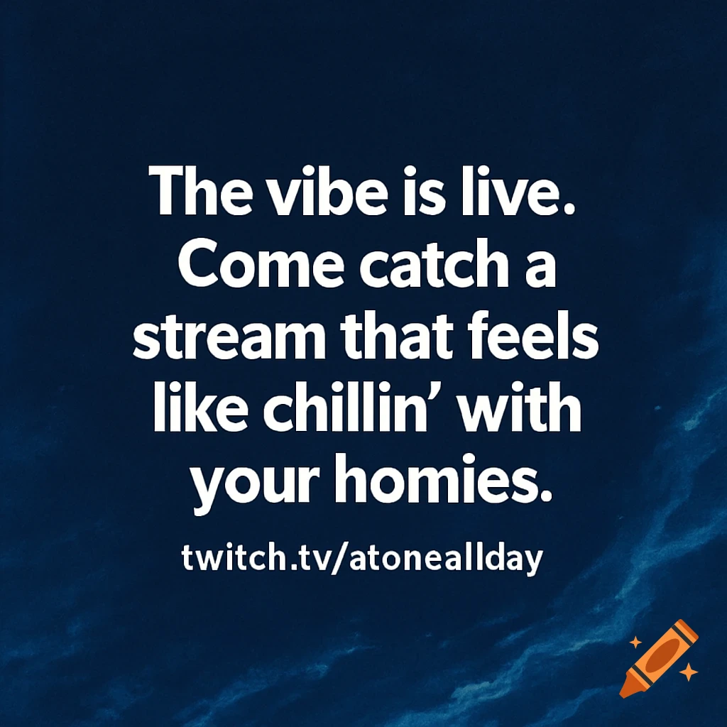 White text on a dark blue background promotes a Twitch stream.