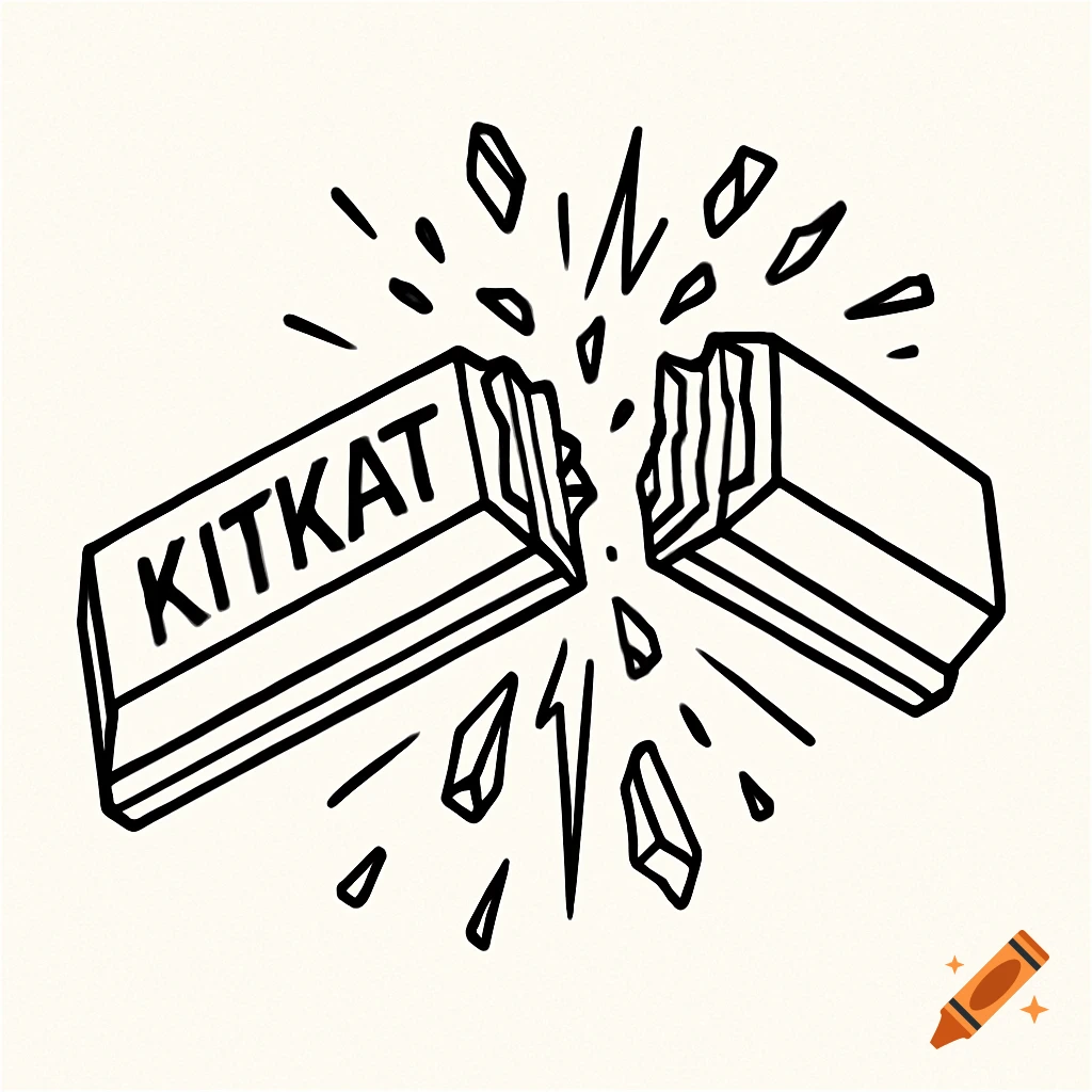 Line art illustration of a KitKat bar broken in half with debris flying.