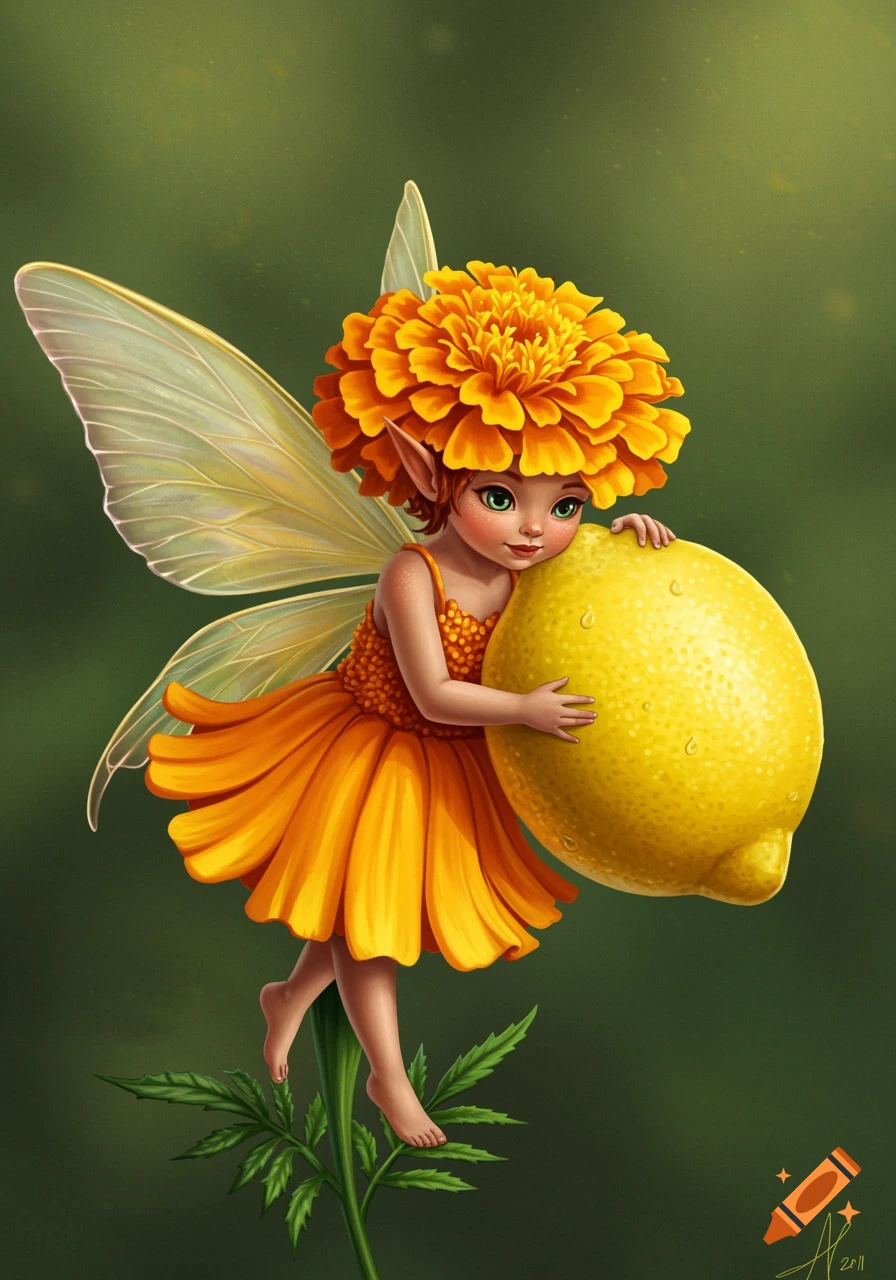 A baby fairy is wearing a dress and headpiece made of marigold flowers, and she is holding a giant lemon while standing on a plant stalk.