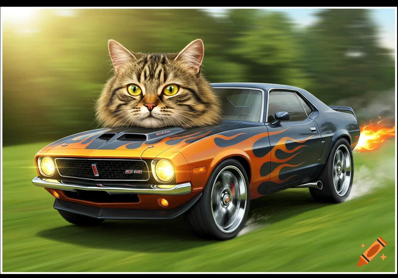 A fluffy tabby cat head on a classic muscle car with flames, driving.