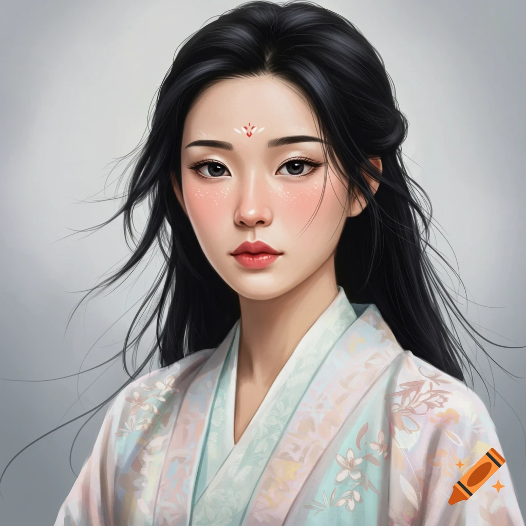 A portrait of a woman with long dark hair wearing traditional light-colored clothing with floral patterns.