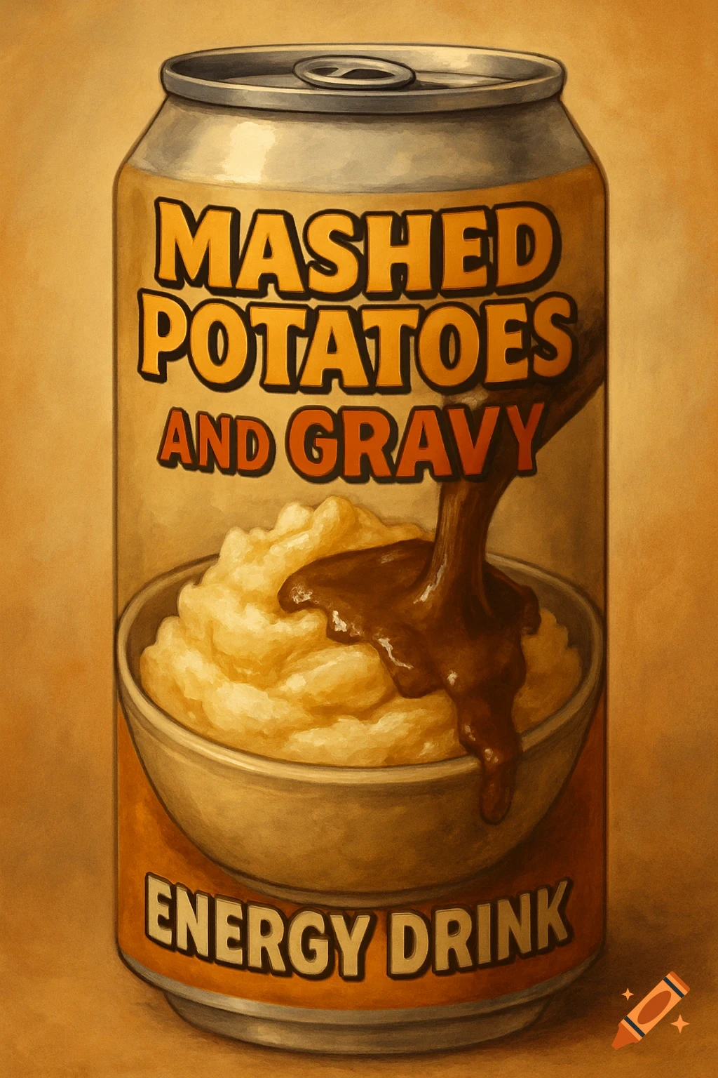 A can of Mashed Potatoes and Gravy Energy Drink.