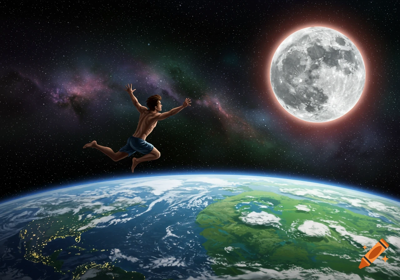 A man jumping from Earth towards the moon in space.