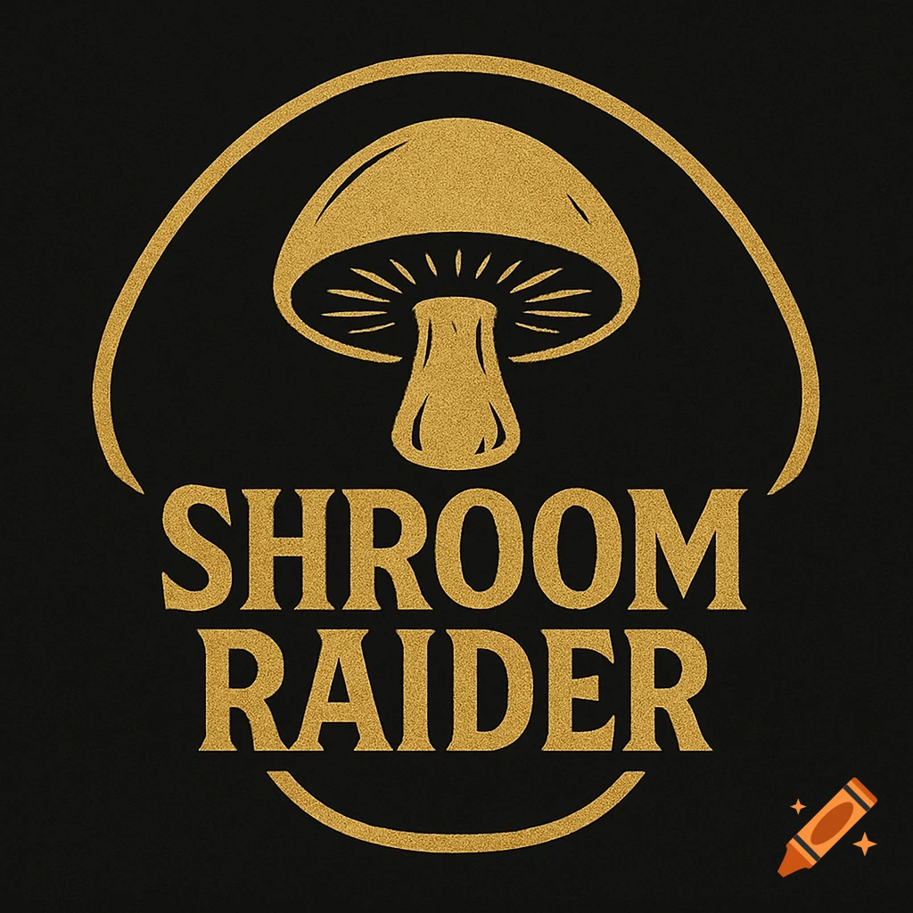 Gold mushroom logo with text SHROOM RAIDER on black background.