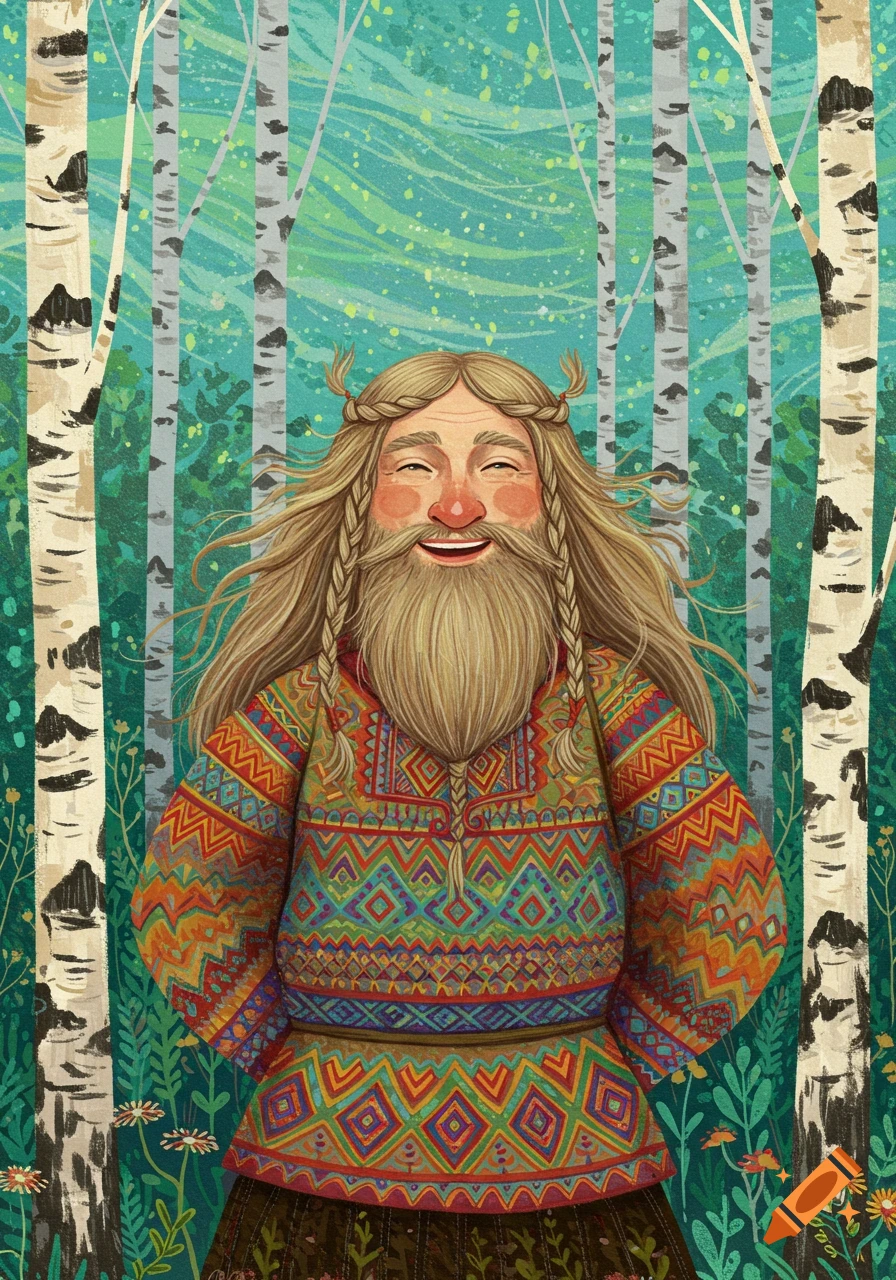 A smiling man with long hair and beard in a brightly patterned shirt stands in a birch forest.