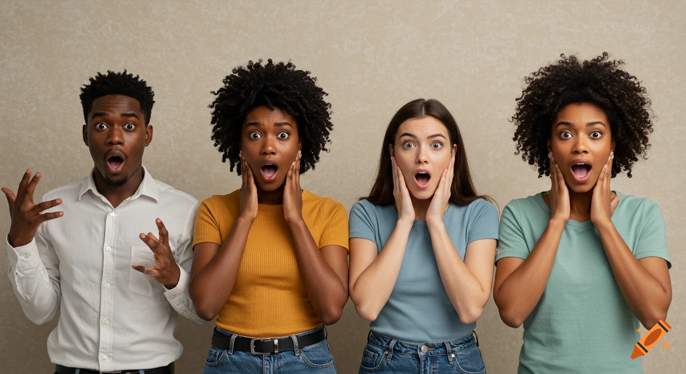 Four diverse people with surprised expressions standing against a beige background.