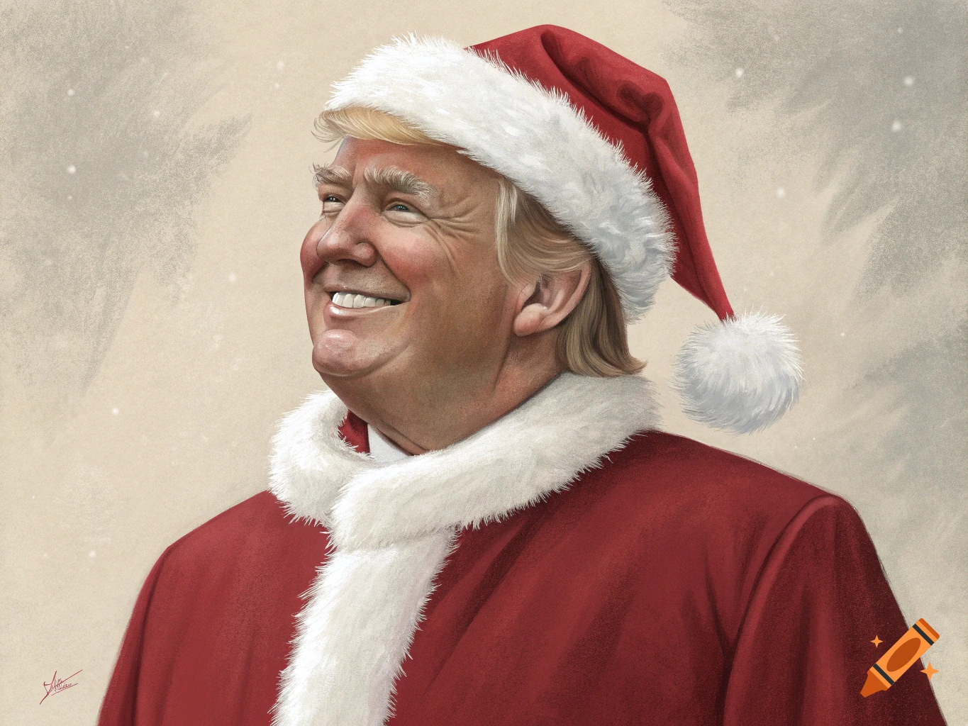 Illustrated portrait of Donald Trump smiling in a Santa hat and suit.