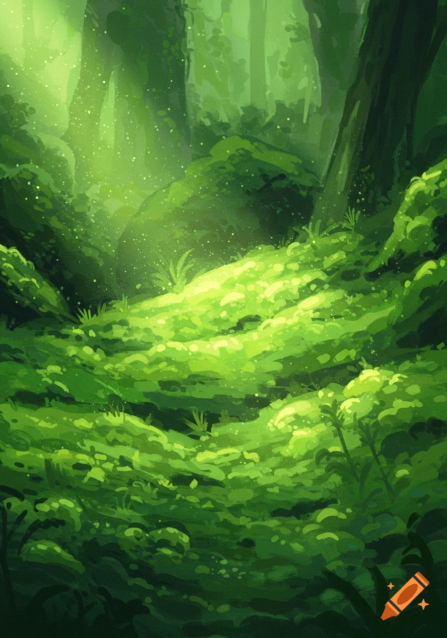A lush green forest floor is bathed in sunlight, with scattered glowing particles.