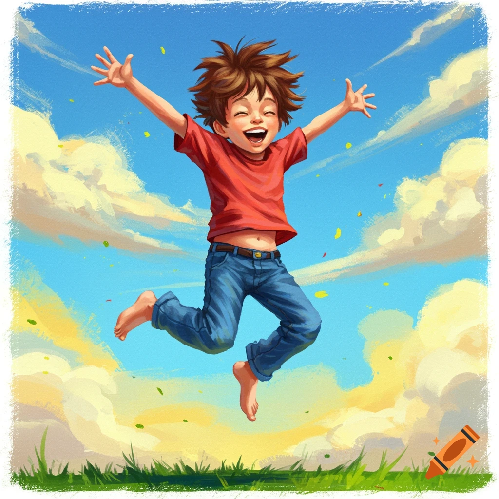 A boy jumps high with arms wide under a bright blue sky and clouds.