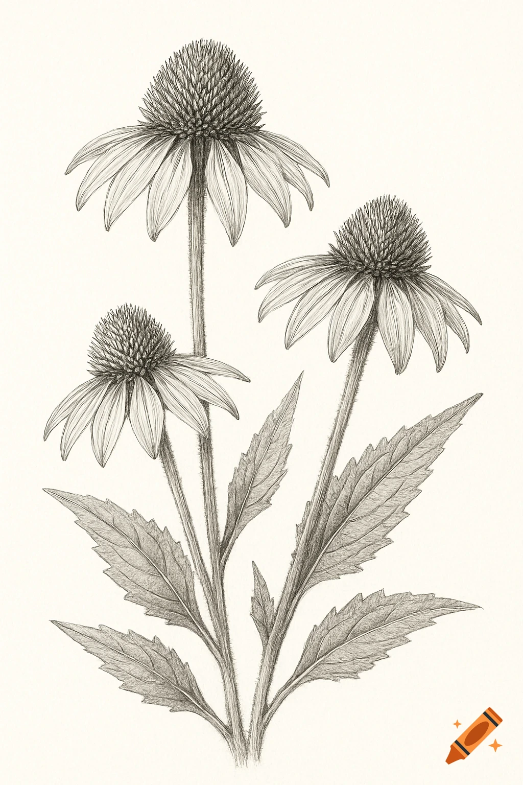 Pencil sketch of three Echinacea flowers and leaves on a white background